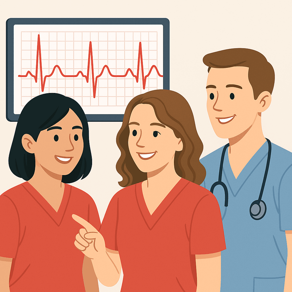 Screenshot des CasePrep EKG-Trainers mit annotiertem STEMI-inferior-Beispiel